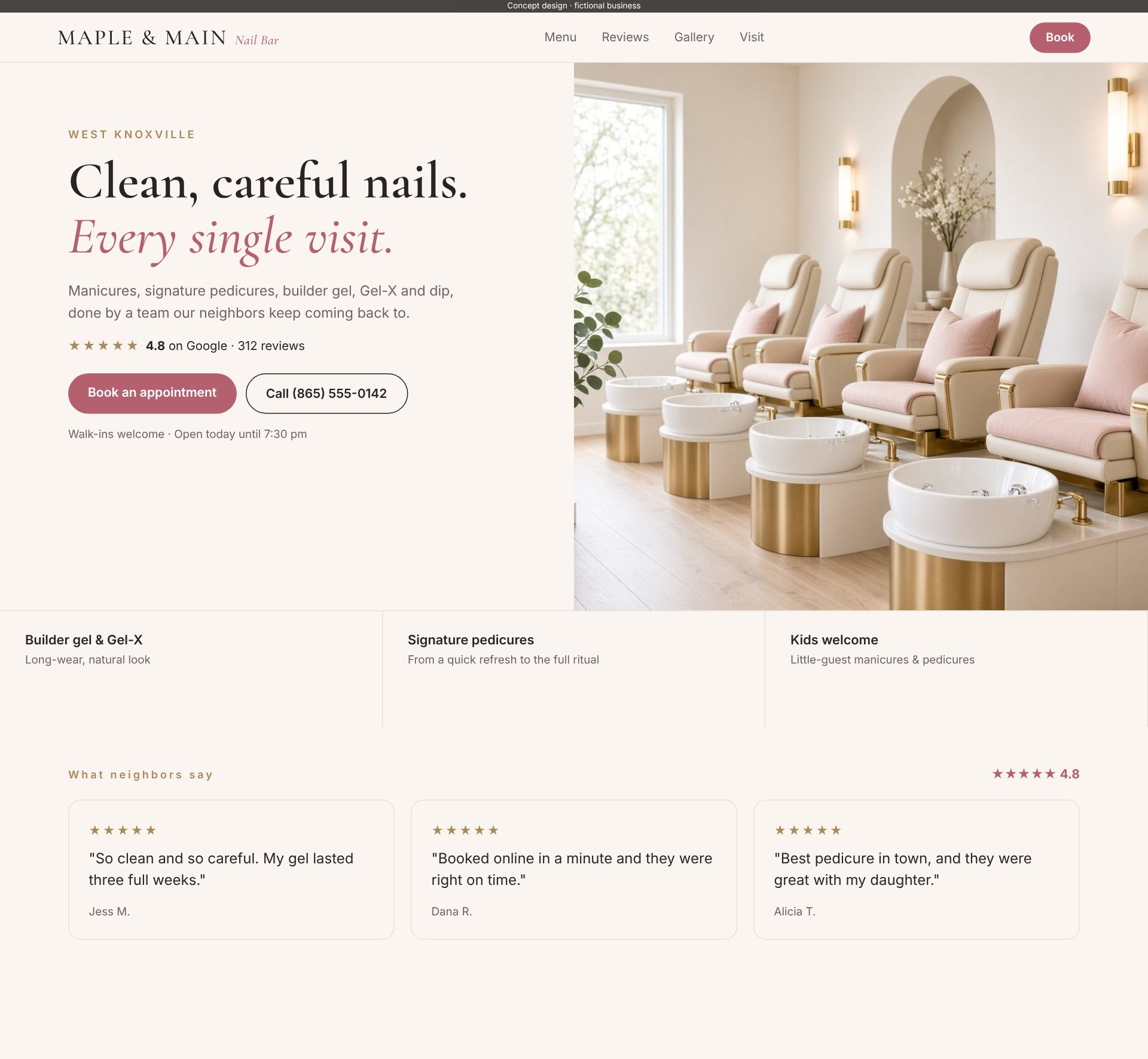 Concept site for Maple & Main Nail Bar, a fictional business