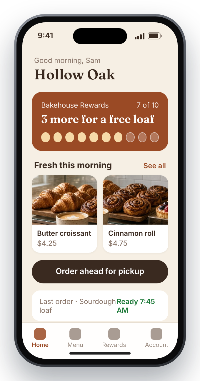 Example custom iPhone app for a fictional bakery with rewards and order-ahead