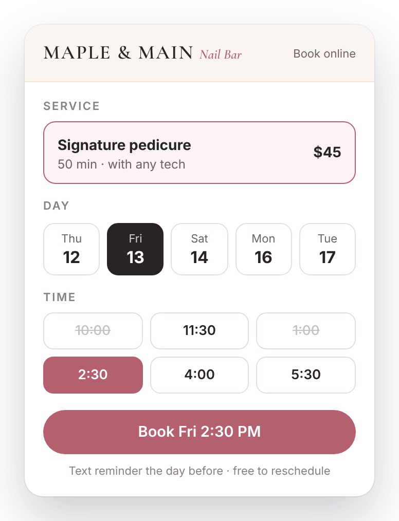 Example online booking screen for a fictional nail bar