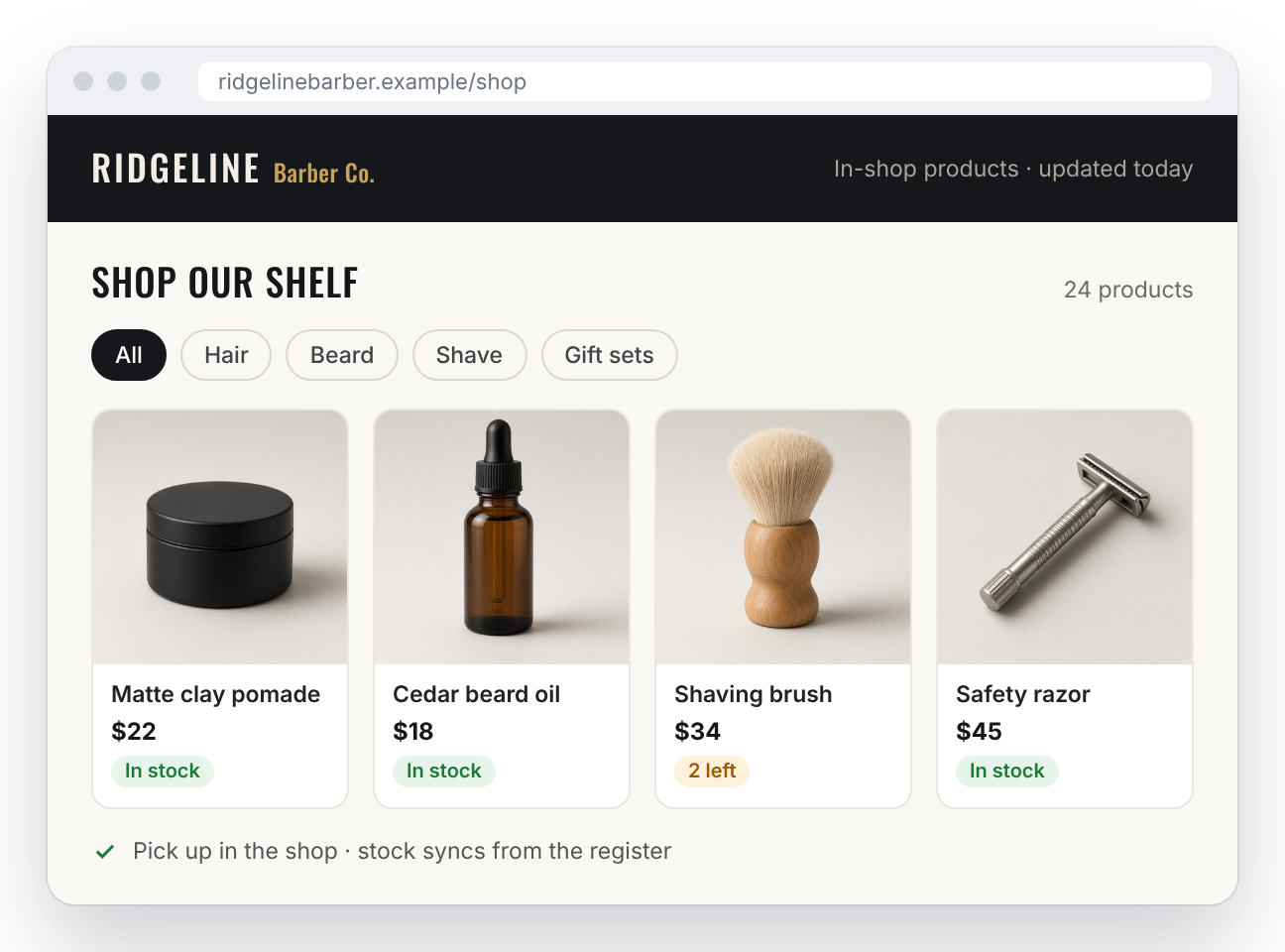 Example online product catalog for a fictional barbershop with prices and in-stock labels