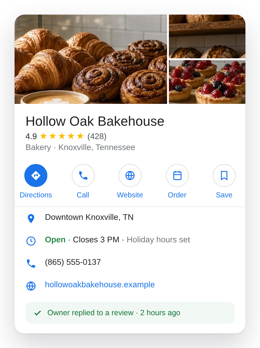 Example Google Business Profile for a fictional bakery, Hollow Oak Bakehouse, with hours, phone and a review reply